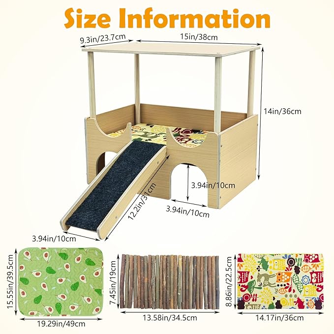 Fhiny Large Guinea Pig Hideout, 2 Tier Wooden Chinchilla Castle with Stair Bridge and Soft Mat Piggies House Small Animal Hideaway Hamster Habitat Decor for Chinchilla Hedgehog Hamster Gerbil Rat