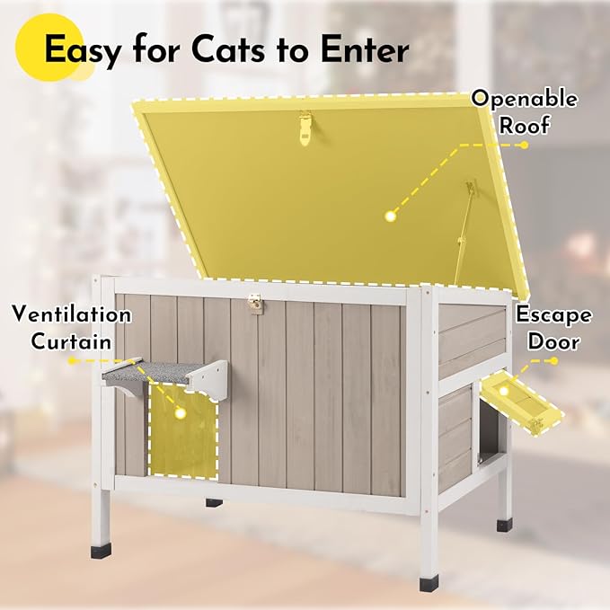 Insulated Outdoor Cat House Weatherproof, Wooden Cat House with All-Round Foam Insulation, 2 Doors, Feral Cats Shelter for Winter, 34.4''x21.6''x25.6''