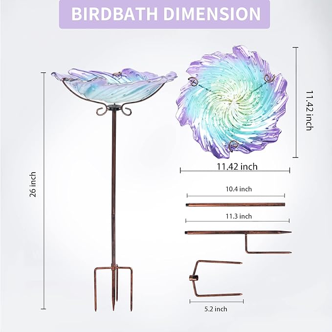 MUMTOP Glass Bird Baths for Outdoors, Garden Bird Bath Bowl with Metal Stake Birdbaths for Outside Yard Outdoor, Purple