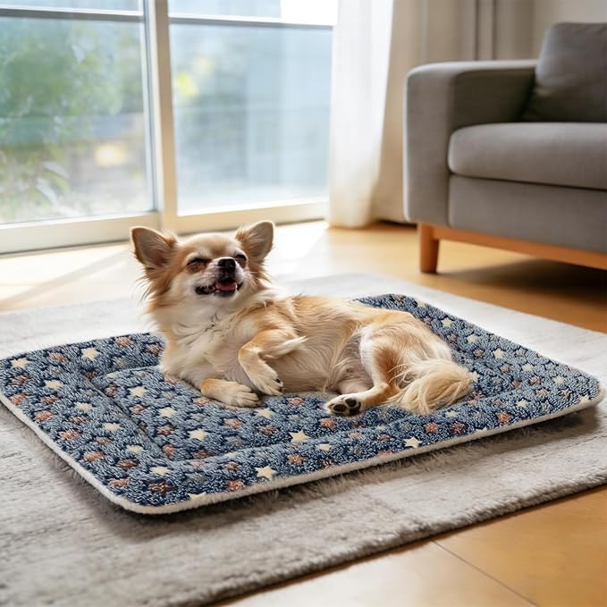Mora Pets Dog Bed Crate Pad Ultra Soft Pet Bed with Cute Star Print Washable Crate Mat for Large Medium Small Dogs Reversible Fleece Dog Crate Kennel Mat Cat Bed Liner 23 x 18 inch Dark Blue