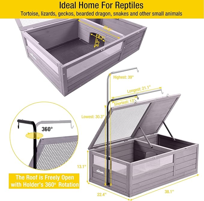 Aivituvin Wooden Tortoise House Large Tortoise Habitat Cage, Indoor Tortoises Enclosure for Small Animals, Outdoor Reptile Cage - Upgraded Weatherproof Bottom