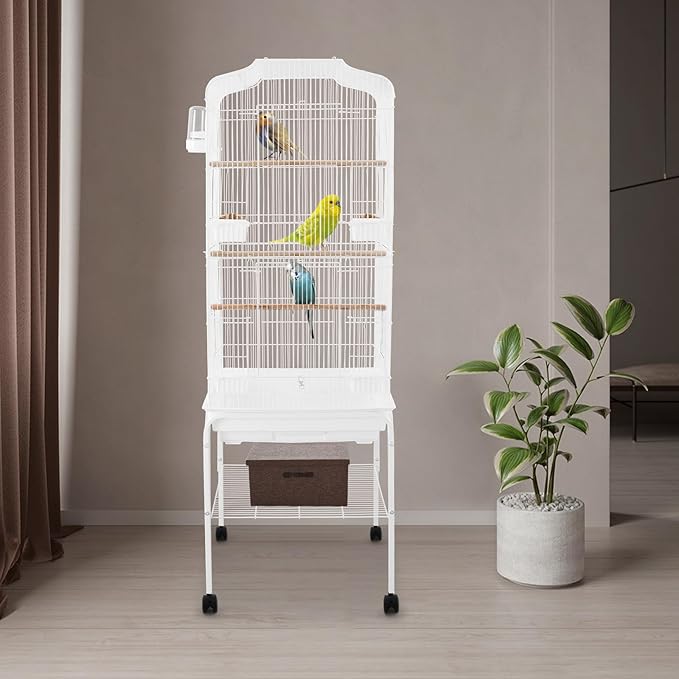 Bird Cage with Universal Wheels, Freestanding Parakeet Birdcage, Large Iron Flight Bird Cages 360° Full Hollow Design Pigeons Parrot, 18x15x54 Inch, with Feeding Bowls, Waterer (White)