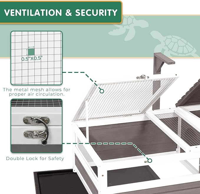 Tortoise Habitat Tank Indoor Outdoor, Wooden Tortoise House with Detachable Legs, 2-Room Reptile Turtle Enclosure Cage for Small Animals, Lamp Holder,Leakproof Tray, Grey