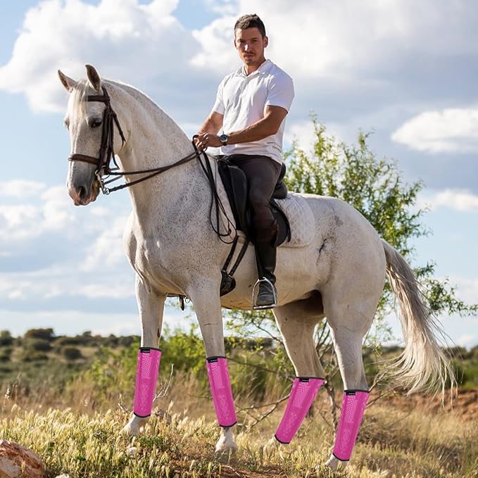 FOXLVDA Fly Boots for Horses Set of 4, Comfortable Horse Leggings, Mesh Material Design with Metal Support Bars for Reduces Stomping & Leg Fatigue (Pink, Medium)