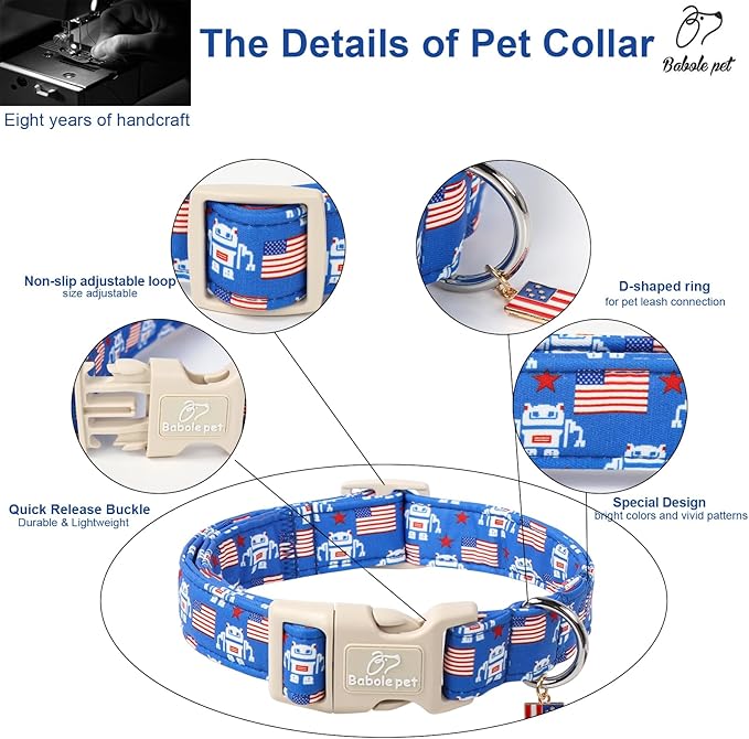 4th of July Dog Collar, Robot Star-Spangled Patriotic Dog Collars for Large Dogs, Adjustable Lightweight Quick-Release Buckle Collar for Boy&Girl Dogs L