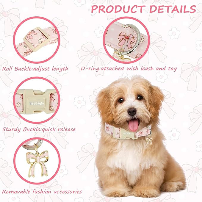 Pink Bow Dog Collar with Flower, Adjustable Cotton Puppy Collar, Cute Girl Boy Dog Collars for Small Medium Large Dogs, Ideal for Gifts,Pet Accessory,M