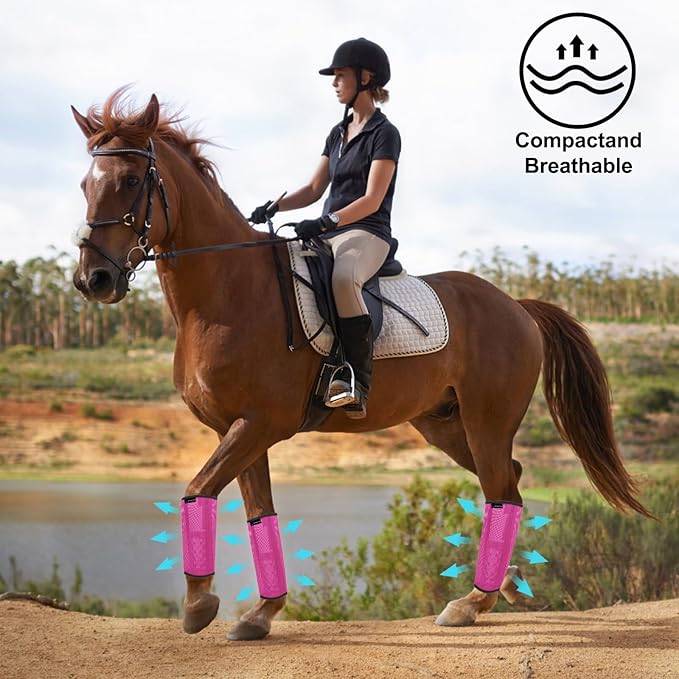 FOXLVDA Horse Fly Boots - Fly Boots for Horses Set of 4, Comfortable Horse Leggings, Mesh Material Design with Metal Support Bars for Reduces Stomping & Leg Fatigue (Pink, Large)
