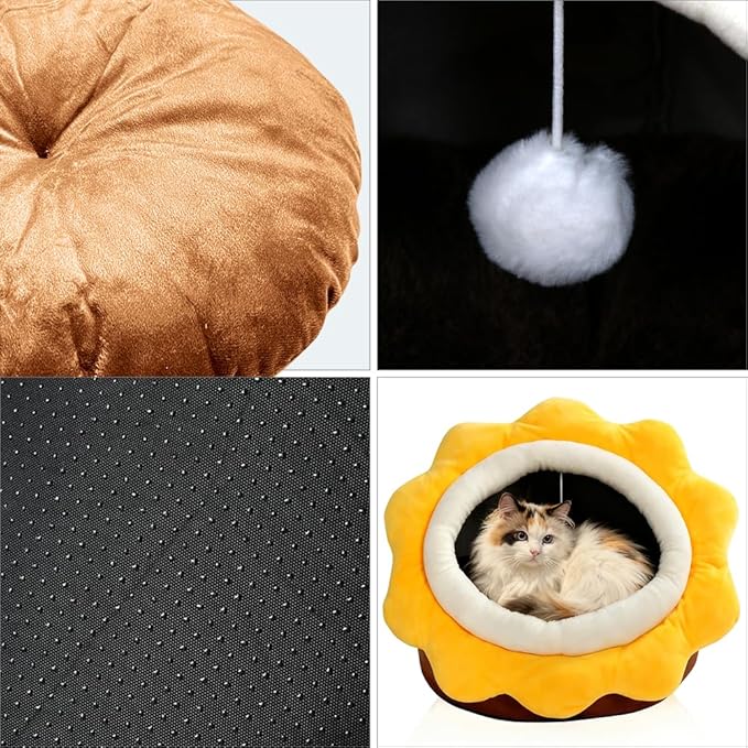 Cat Beds for Indoor Cats - Sun flower-shaped Cat Cave Bed with Hanging Toy,Super Soft Calming Pet Bed for Kitten&puppy,Small Dog,Warm Plush&Machine Washable&Removable Cotton Pad,cat Hideaway(Brown L)