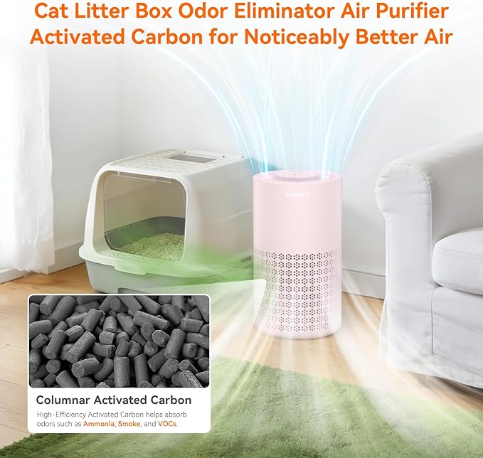 AIRROMI Air Purifier for Bedroom with HEPA 3-in-1 Filter, Pet Air Purifier for Home Cat Pee Smell, Covers Upto 990 Ft², Quiet 360° intake Air Cleaner for pet hair,allergies,Dust,Smoke A2001 Pink