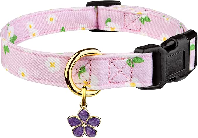 Cotton Handmade Dog Collar Cute and Distinctive Patterns Purple Flower with Pendant for Girl Boy Dogs Collars M