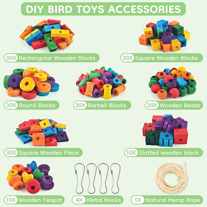Bird Toys for Parrots, 200 Pcs Colorful Multi-Shaped DIY Wooden Blocks Craft, Natural Parrot Chew Training Foot Toy for Amazon African Grey Cockatiels Conure Monk Parakeet