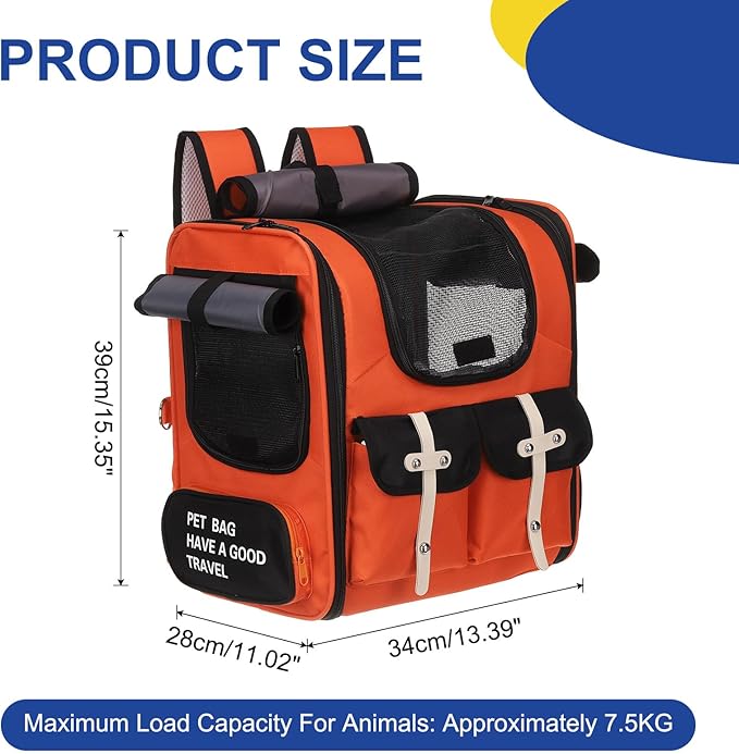 Pet Backpack Carrier, Portable and Ventilated, Oxford Cloth, Dogs Cats and Small Animals Travel Bag 13.39", (Orange, Red, Black, 1 Pcs), Intended for Hiking/Camping/Traveling