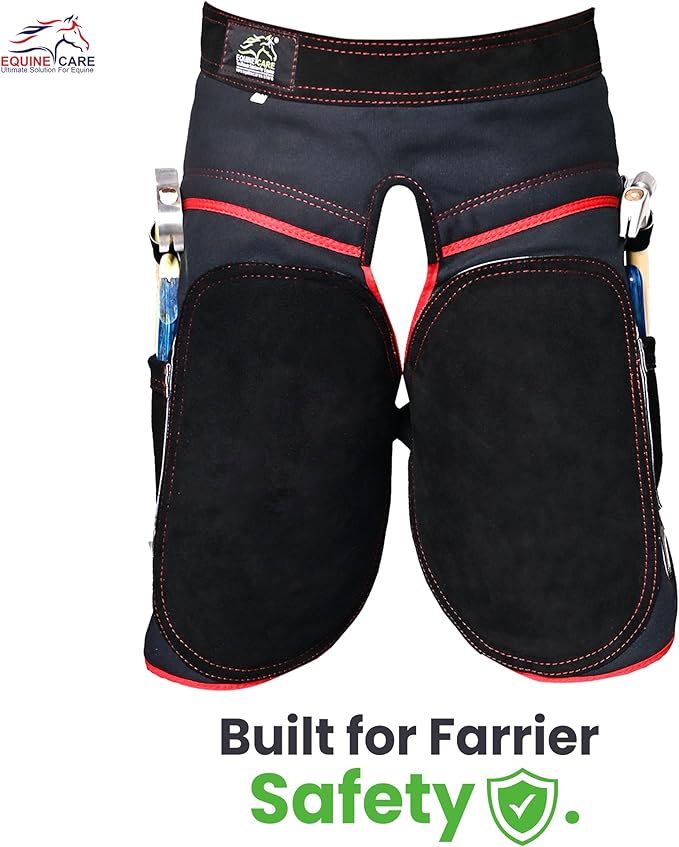 Equine Care Farrier Apron Chaps – 2mm Cowhide Suede Leather, 500 GSM Canvas, 23" Length, Adjustable Waist (28–52"), Ambidextrous Knife Pockets, Magnets & Loops – Horseshoeing & Hoof Trimming.