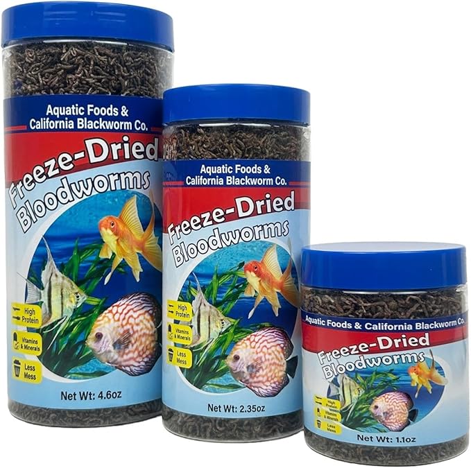 Aquatic Foods Inc. Bloodworms, Grade A Freeze Dried Floating Bloodworms for Cichlids, Discus, Goldfish, Bettas, Angel Fish, Marine Fish, 12-Type Pellet Mix & 4-Type Wafer Mix Included..1.0oz Canister