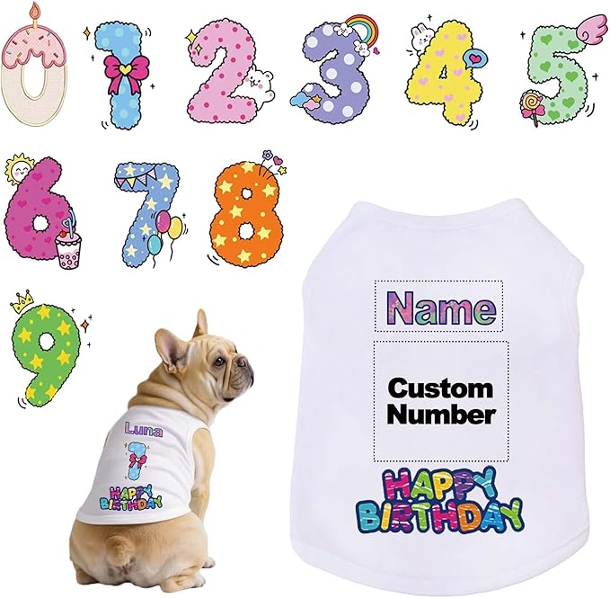 Custom Dog Birthday Shirt,Personalized Pet Apparel Print with Name Age Number,Pet Birthday Outfit,Lightweight Breathable Cotton Vest for Small Medium Large Dogs Cat (White, 5X-Large)