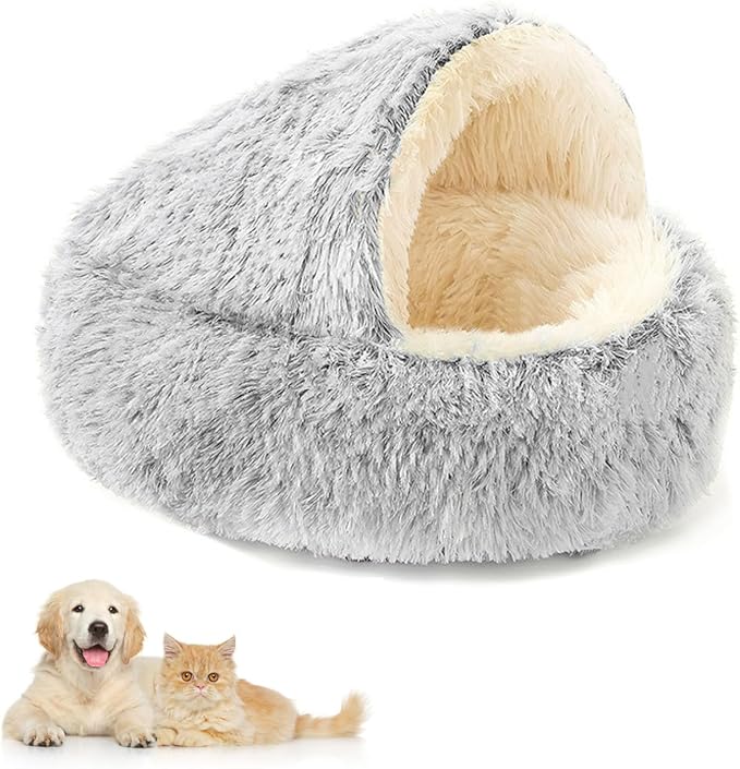 Plush Fluffy Dog and Cats Round Bed – Ultra-Soft Faux Fur Pet Shell Nest with Raised Bolster Edge, Self-Warming Calming Nest for Small to Large Pets (Gray, Large（26”）)