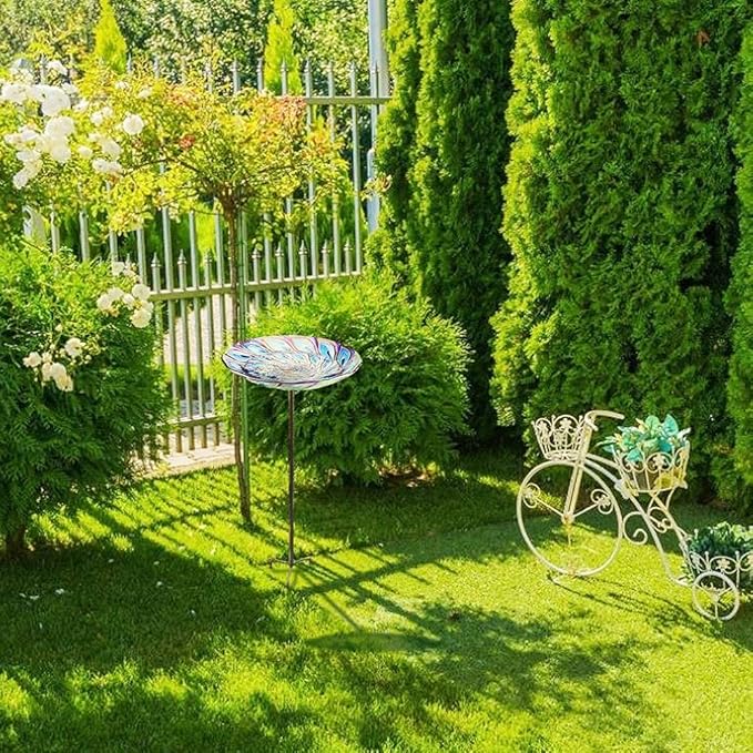 VCUTEKA Glass Bird Bath Outdoor BirdBath Garden Bird Feeder with Metal Stake