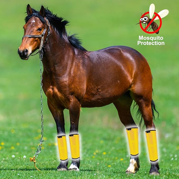 FOXLVDA Horse Fly Boots - Fly Boots for Horses Set of 4, Comfortable Horse Leggings, Mesh Material Design with Metal Support Bars for Reduces Stomping & Leg Fatigue (Yellow, Large)