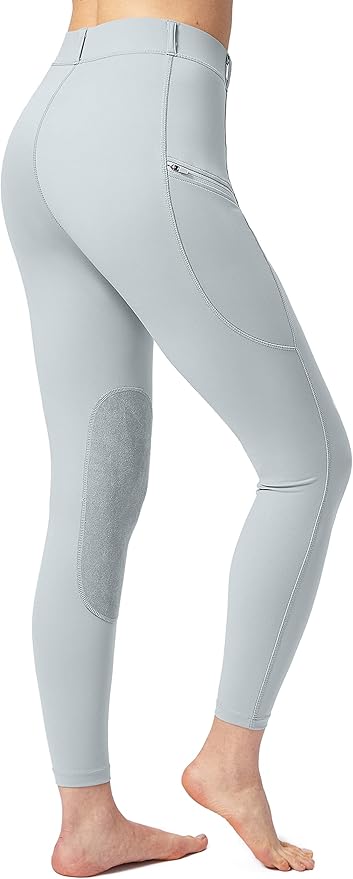 SANTINY Women's Horse Riding Pants with Zipper Pockets Knee-Patch Schooling Tights Equestrian Breeches for Women