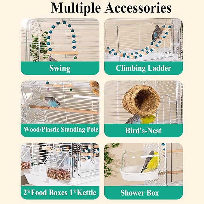 25" Flat Roof Top Bird Cage, 2 Tier Medium Metal Parrot Cage with Accessories Include Cross Bar Climbing Ladder Dual Door Parakeet Cage for Various Bird Species (24.8" H)