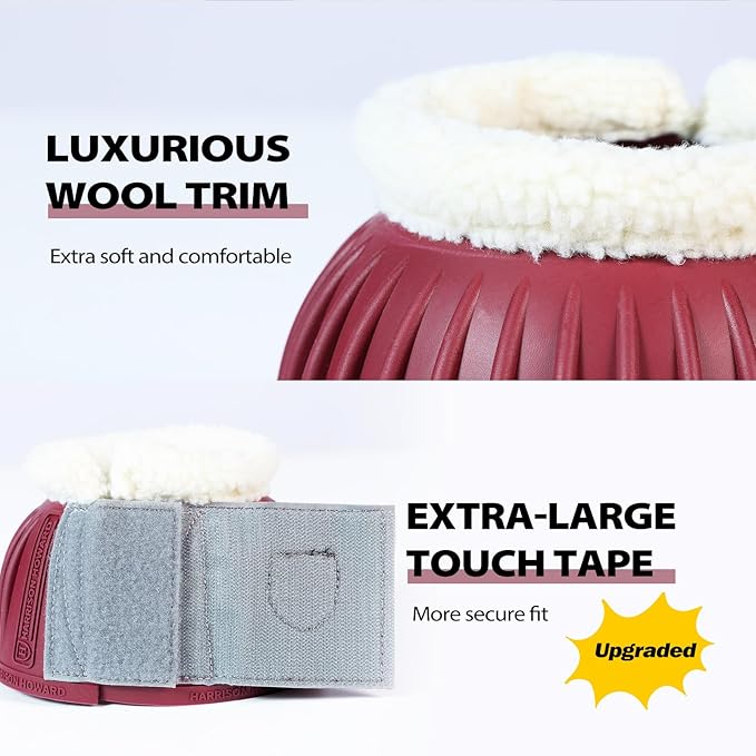 Harrison Howard Rubber Pull-on Bell Boots with Fleece Lining and Extra-Large Leather Touch-Close Tape Hoof Overreach Protection for Horses Sold in Pairs Wine Red XL
