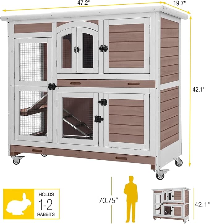 Aivituvin Bunny Cage Rabbit Hutch Indoor Rabbit House with Wheels Outdoor Guinea Pig House with Two Plastic Tray (Brown)