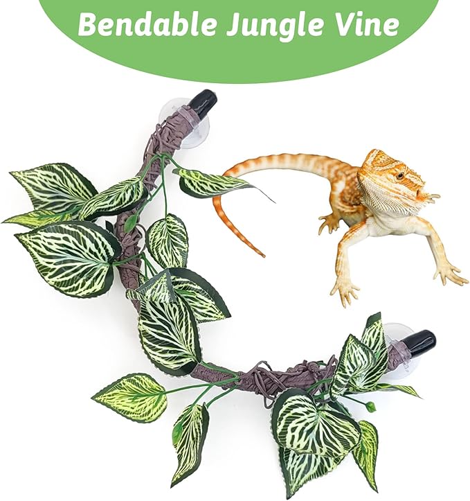 VCEPJH Reptile Climbing Branch Decor 2 Pcs Bendable Jungle Vine with Suction Cup Terrarium Plant Decoration for Gecko Bearded Dragons, Snake,Frogs, Chameleons Cage Accessories (T)