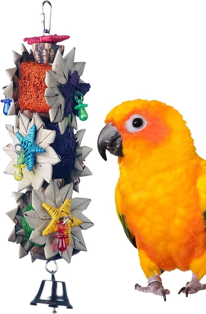 Super Bird Creations SB1098 Palm Star Bird Toy for Parrots, Ringnecks, Medium Conures, Quakers, Pionus, Senegal - Leaves, Colorful loofa, Mahogany Pods Vine Stars - Medium Bird Size, 13" x 3.5" x 3.5"