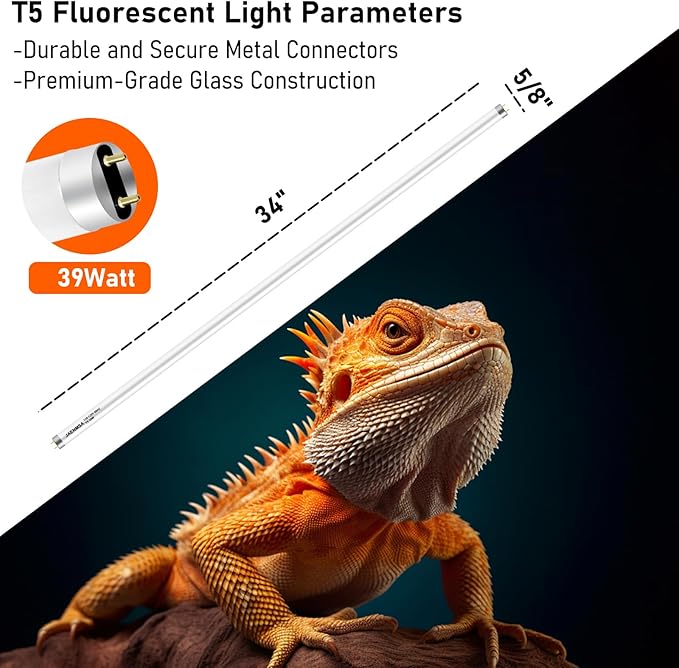 T5 10.0 UVB Light Blubs for Bearded Dragon,UVA UVB 10.0 T5 HO Reptile Ligh Bar Bulbs 39W 34 inch for Desert Lizards,Leopard Gecko,Tortoise,Reptile & Amphibian Replacement Lamp Bulb 2 Pack