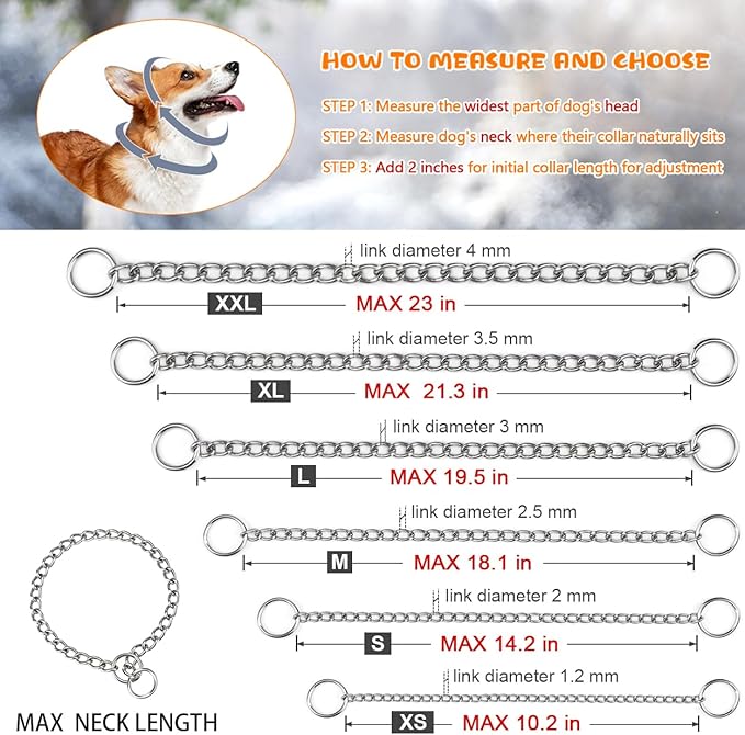 TagME Chain Choke Collar for Dogs, Adjustable Weather Proof Necklace for Medium Dogs, Alloy Steel Pet Training Collar