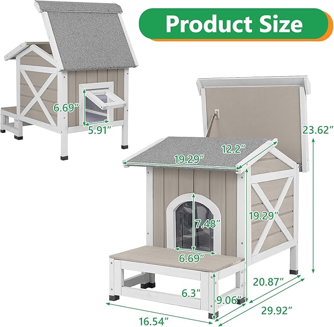PetsCosset Outdoor Cat House with Insulated Liner for Winter, Insulated Feral Cat Shelter Weatherproof for Outside with Openable Asphalt Roof, Large Balcony, Escape Door