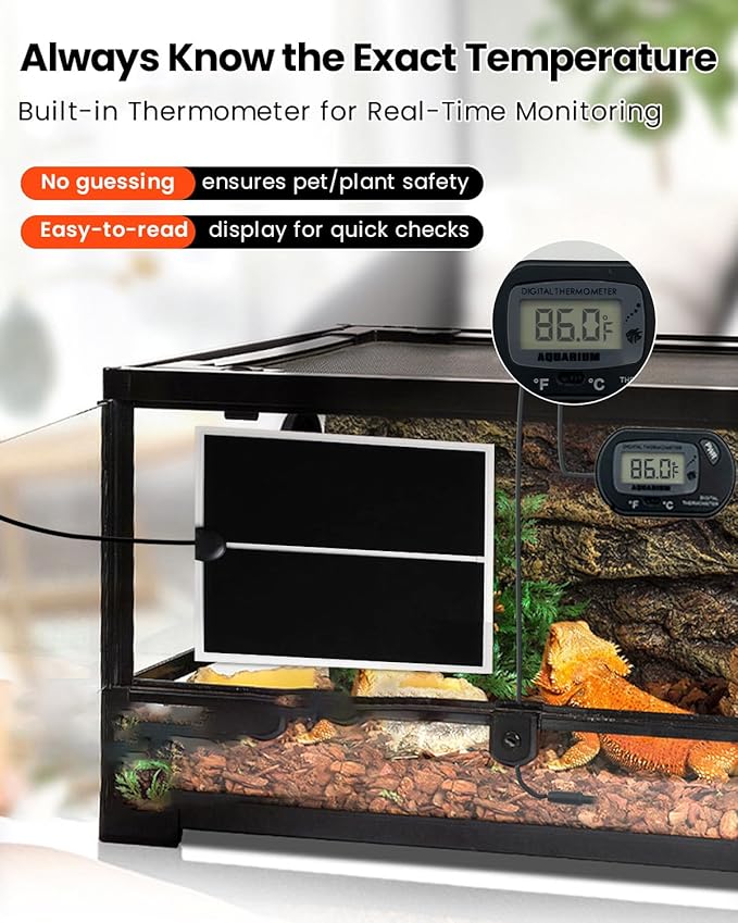 MQ Reptile Terrarium Heat Pad with LCD Digital Aquarium Thermometer, 11 x 11in Power Adjustment Under Tank Heater Mat for Pets, Small Animals, Seedling, 14W