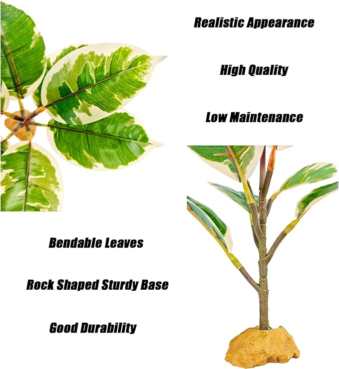 Woyrise Reptile Plants for Terrarium, 9" Fake Rubber Tree Ball Python Tank Accessories Habitat Decor fit Crested Gecko Leopard Bearded Dragon Lizard Chameleon Snake - Ficus Elastica Tineke