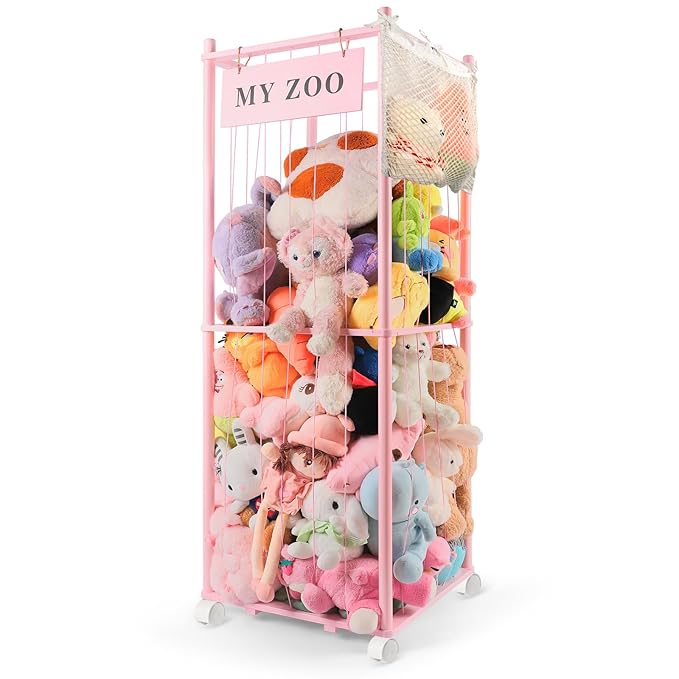 Stuffed Animal Storage Zoo with Wheels, Wooden Stuffed Animal Organizer with Elastic Cords, Space Saving Toy Plushies Storage Holder for Playroom, Bedroom, Living Room(Pink, Large)