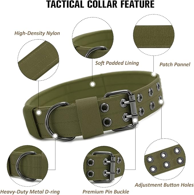 Tactical Dog Collar Military Adjustable Dog Collars Soft Nylon Training Collar with Patch Heavy Duty Metal Buckle Collars for Medium Large Dogs (Green, L)