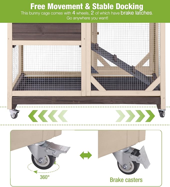 GUTINNEEN Rabbit Hutch Indoor and Outdoor, Rabbit Cage on Wheels with 2 Deep Pull Out Trays, Wooden Bunny Cage with Non-silp Ramp and Sliding Door, Mesh-Coffee Color