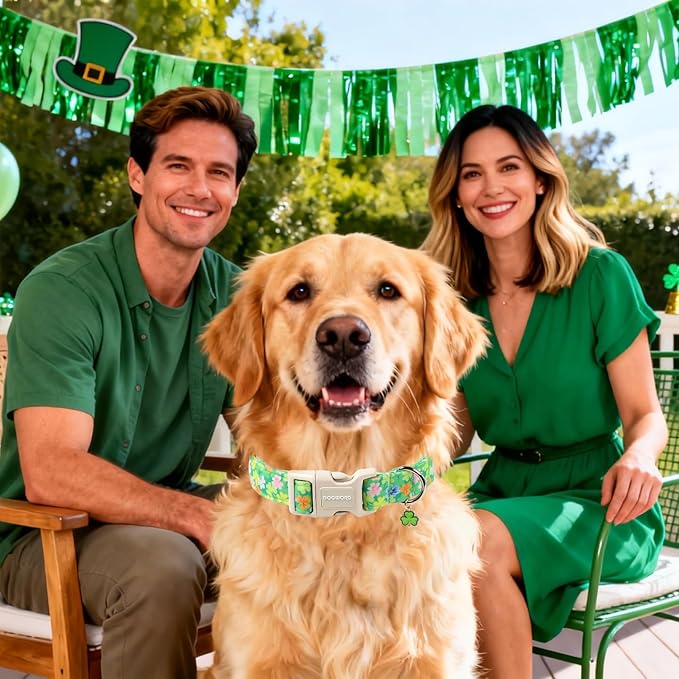 DOGWONG St. Patrick Dog Collar, Comfortable Adjustable Green Clover Pattern Dog Collar for Large Male Female Dogs,XL