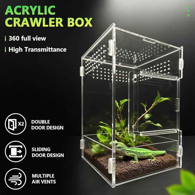 Acrylic Jumping Spider Habitat, Insect Terrarium, for Spiders, Tarantulas, Snail, Mantis, Lizard, and Small Reptiles, with Two Magnetic Doors and one Feeding Trough (6x6x9 inch)