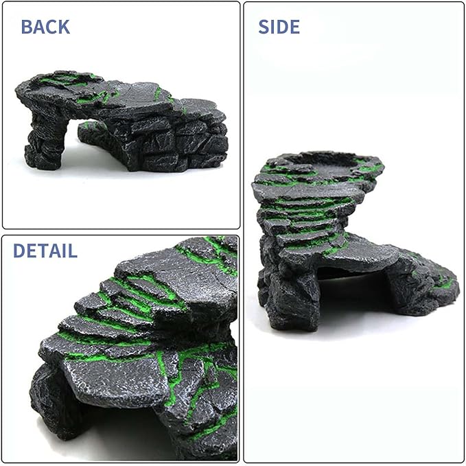 Turtle Basking Platform Kit, Reptile Habitat Hideout, Decorative Resin for Aquarium & Terrarium, Including Artificial Plant and Cleaning Brush. (B-Medium-Black)