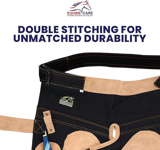 Equine Care Farrier Apron Chaps for Men 25" Cowhide Suede Leather & Canvas, Adjustable 28"-52" Waist, 2 Hammer Loops, Hoof Knife Pockets & Nail Magnets, Air Mesh, Farrier Tools for Hoof Trimming.