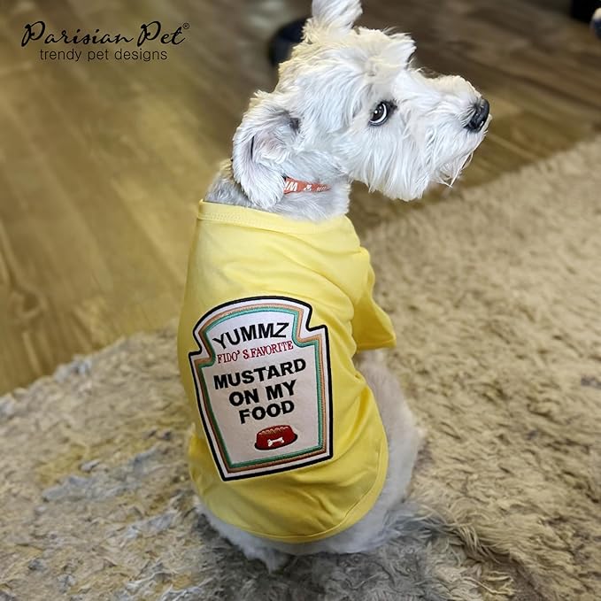 Parisian Pet Dog Shirt - Embroidered “Mustard on My Food“ - 100% Cotton and Polyester Dog Clothes - Sleeved, Lightweight Costume for Dogs - Yellow Dog Shirts for Large Dogs - Pet Costumes - 3XL