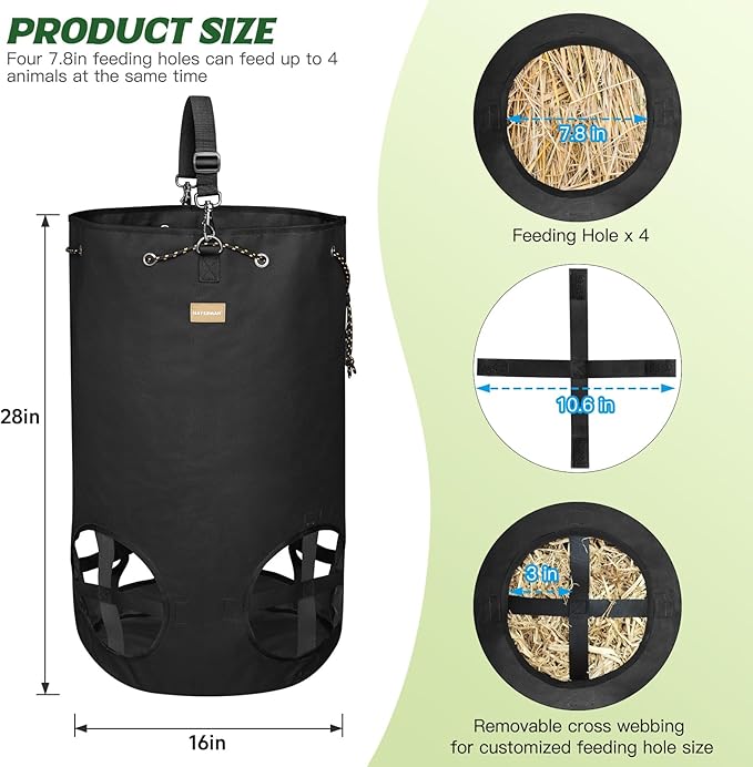 Hay Bags for Horses, Large Capacity Slow Feeder with Adjustable Top Opening, 4 Holes for Sheep, Goats, Donkeys