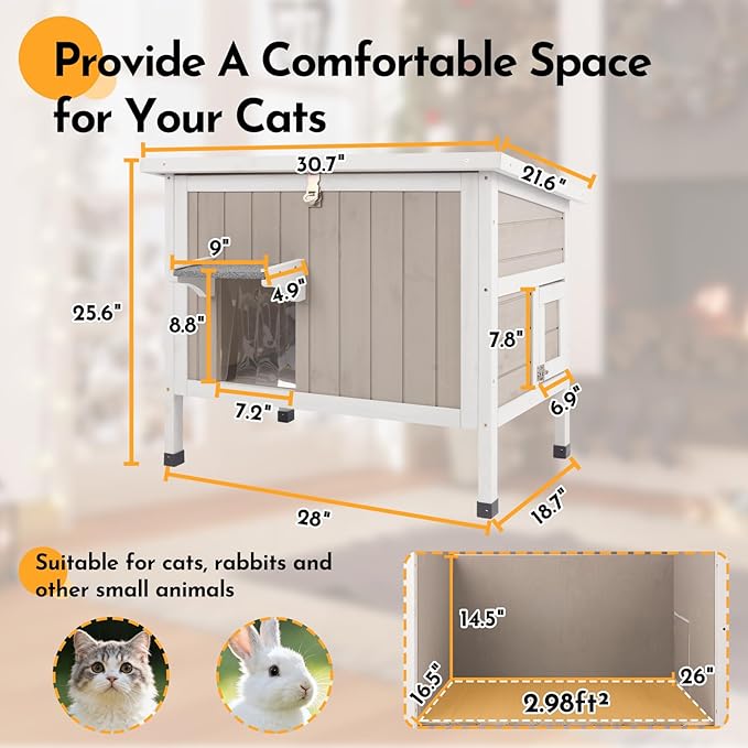 Insulated Outdoor Cat House,Wooden Cat House Weatherproof with All-Round Foam Insulation, 2 Doors, Feral Cats Shelter for Winter, 30.7''x21.6''x25.6''