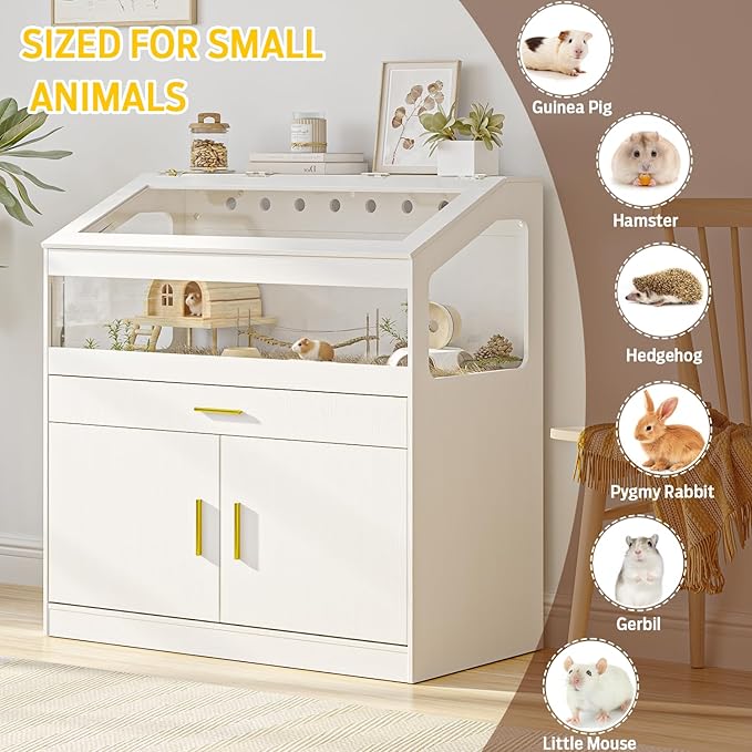 Big Hamster Cage with Storage Cabinet,Indoor Guinea Pig Cages for Small Animals,Wooden Hamster Enclosure with Easy View Acrylic Panels & Drawer for Hamster, Rabbit, Guinea Pig, Hedgehog