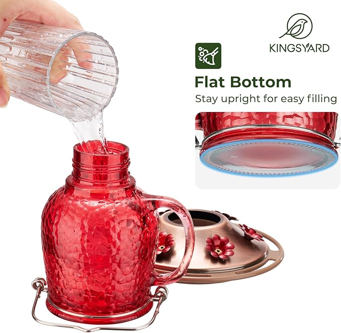 Kingsyard Glass Hummingbird Feeders for Outdoors, 16 Oz Wild Bird Feeder 6 Feeding Ports & Ant Moat Included, Hanging Bird Nectar Feeder Garden Red Décor Gifts for Mom, Red
