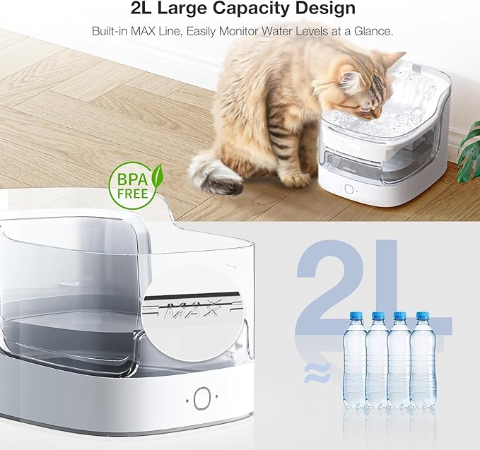 Cat Water Fountain Smart App Control 8 Layers Filtration BPA-Free & Ultra-Quiet Dogs Automatic Water Dispenser Water Fountains for Cats Indoor Wireless Pump Pet Health Manager 2.4G WiFi(PF1)
