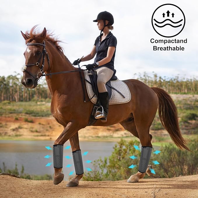 FOXLVDA Horse Fly Boots - Fly Boots for Horses Set of 4, Comfortable Horse Leggings, Mesh Material Design with Metal Support Bars for Reduces Stomping & Leg Fatigue (Dark Gray, Large)