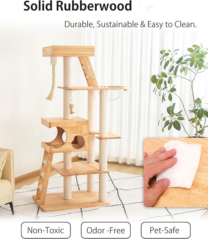 Wood Cat Tree for Large Cats, 62-Inch Tall Modern Cat Tower with Condo & Scratching Posts - Easy to Clean, Heavy-Duty, Furniture-Grade Design for Stable Climbing, Eco-Friendly (White 62'')