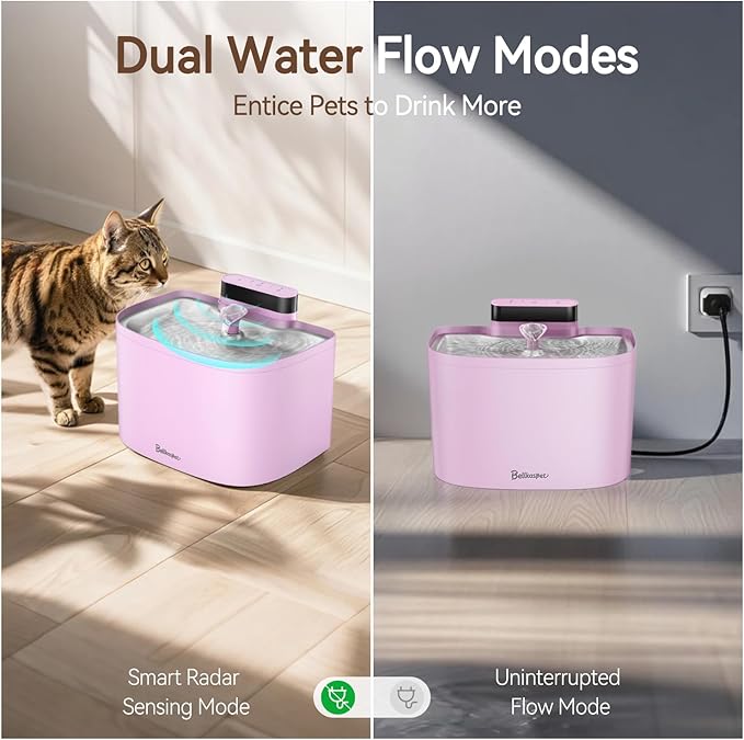 Cat Water Fountain, 122oz/3.6L Pumpless Wireless Cat Fountain, Cordless Water Fountains for Cats Indoor, Dog Pet Water Fountain Battery Operated with Stainless Steel Tray (Pink, Fountain+8 Fliters)