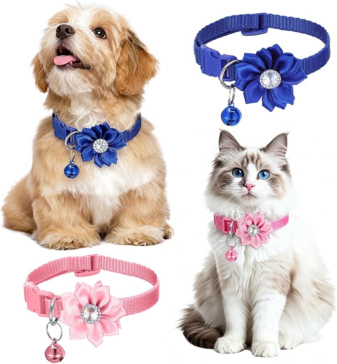 6 PCS Cute Cat Collar Breakaway with Bell, Adjustable Flower Girl Cat Collars, Rhinestone Kitten Collar Breakaway with Bells, Solid Color Cats Bell Collars, 6 Colors